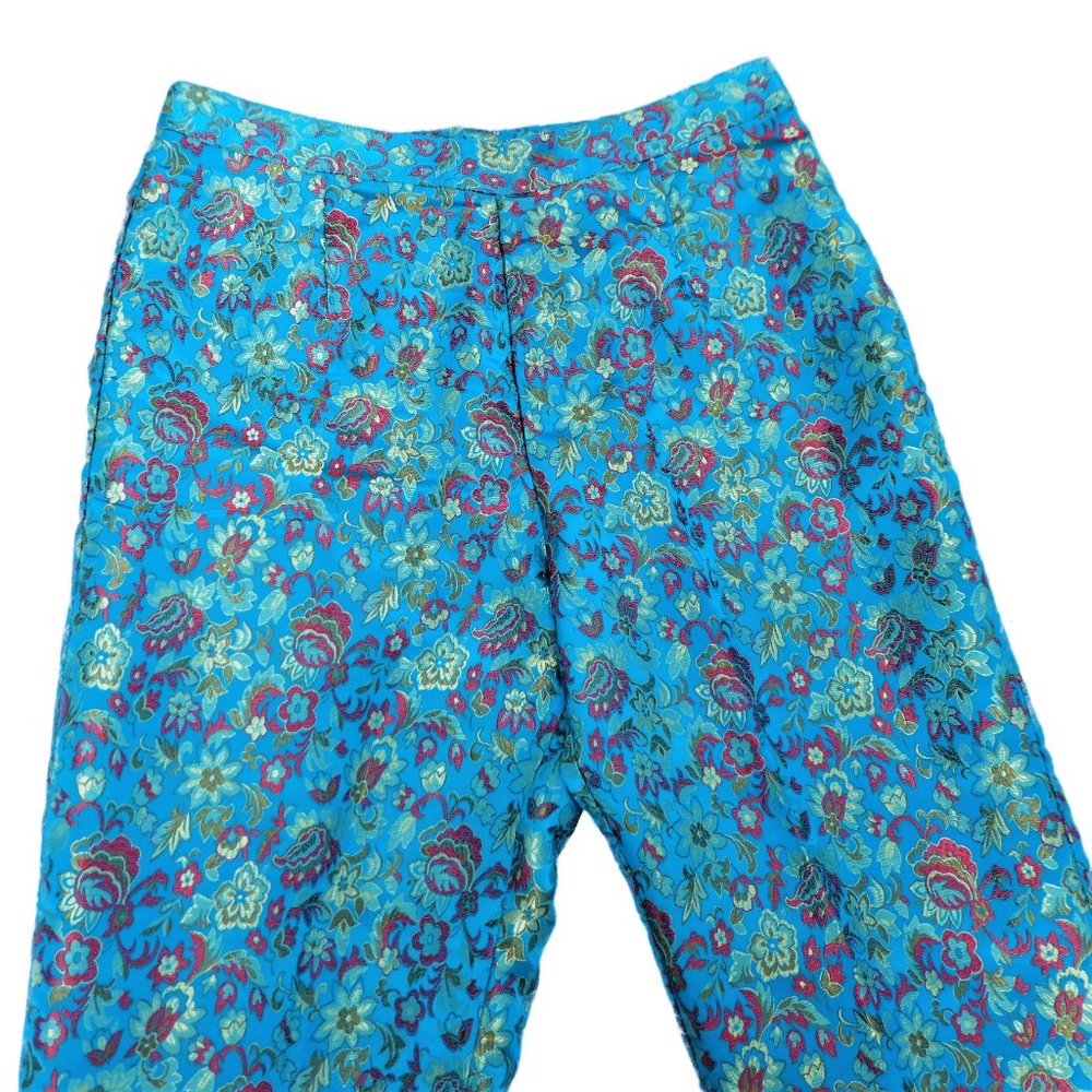 Boston Proper Floral Embroidered Satin SiLK Blend Trouser Pants Zip Back Ankle L
